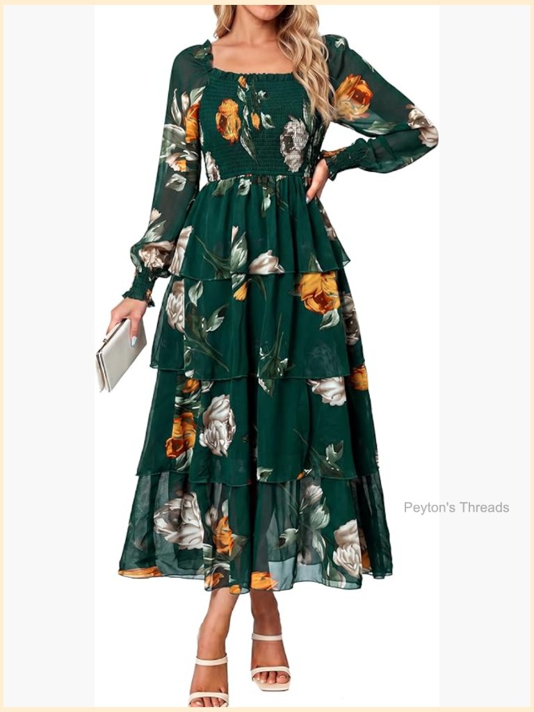 Flowy Smocked Square Neck Long Sleeve Maxi Dress